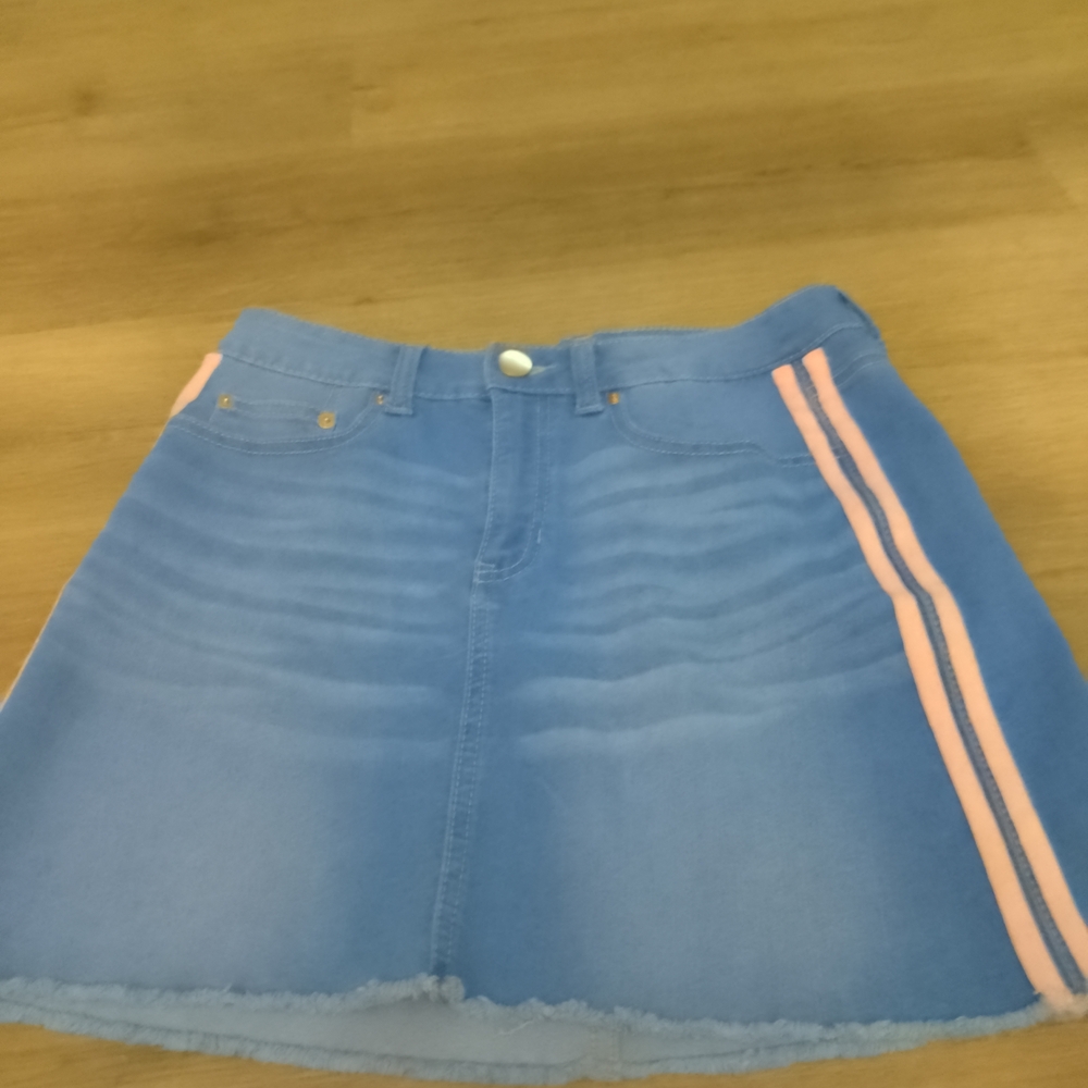 Blue Denim Skirt with Pink Stripes